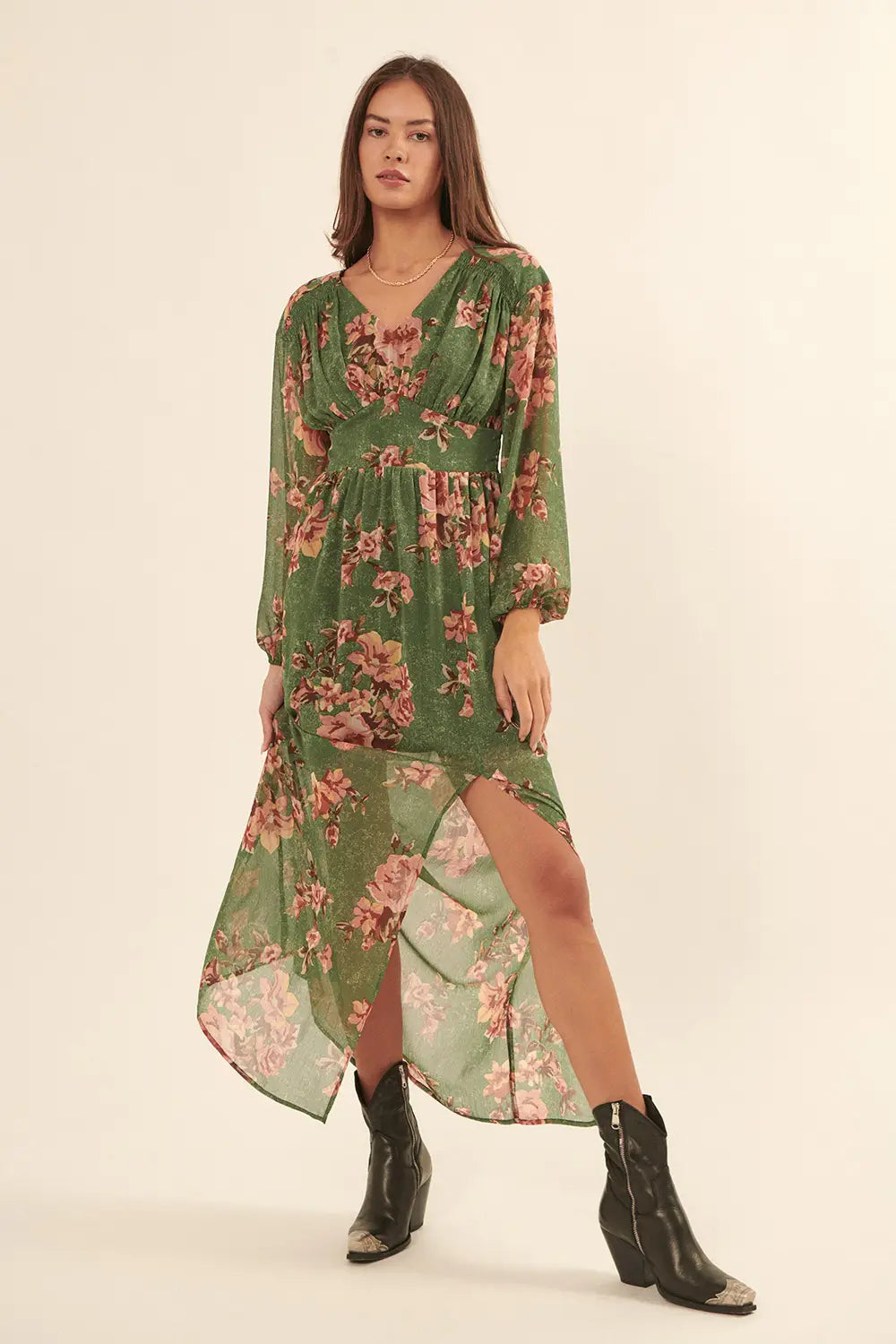 Promesa | Floral Chiffon Long-Sleeve Surplice Maxi Dress L